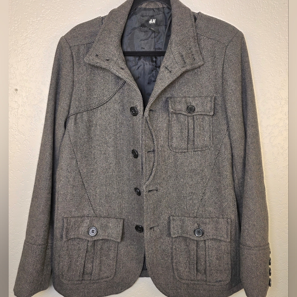 H&M Gray Wool Button Jacket - Military Preppy Peacoat - Men's 40R - Picture 3 of 17